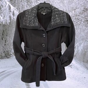 Signature Studio Size XL Black Front Button Pea Coat Tie Belt & Pockets